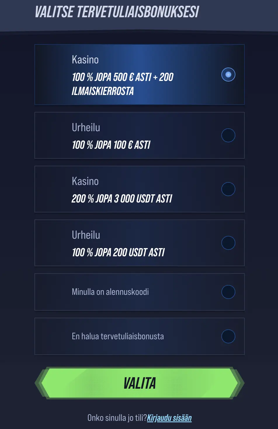 Vegas Hero -rekisteröityminen